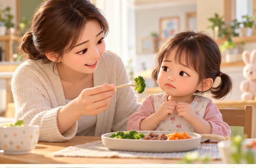 孩子对蔬菜犹豫，家长耐心引导