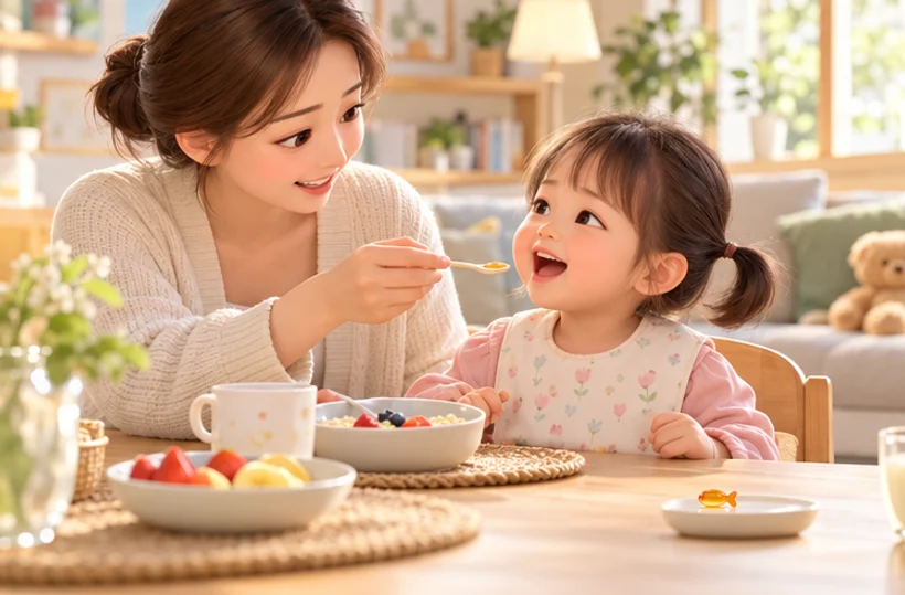 家长陪伴孩子完成早餐喂食