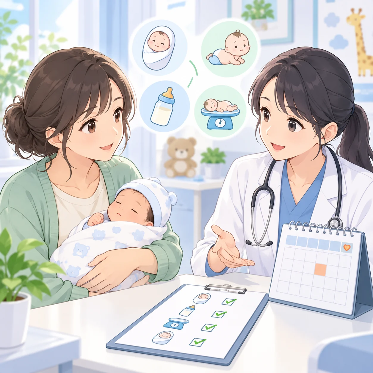 家长结合宝宝出生情况、当前月龄、喂养方式和专业建议确认维生素K1补充节奏的动漫示意图